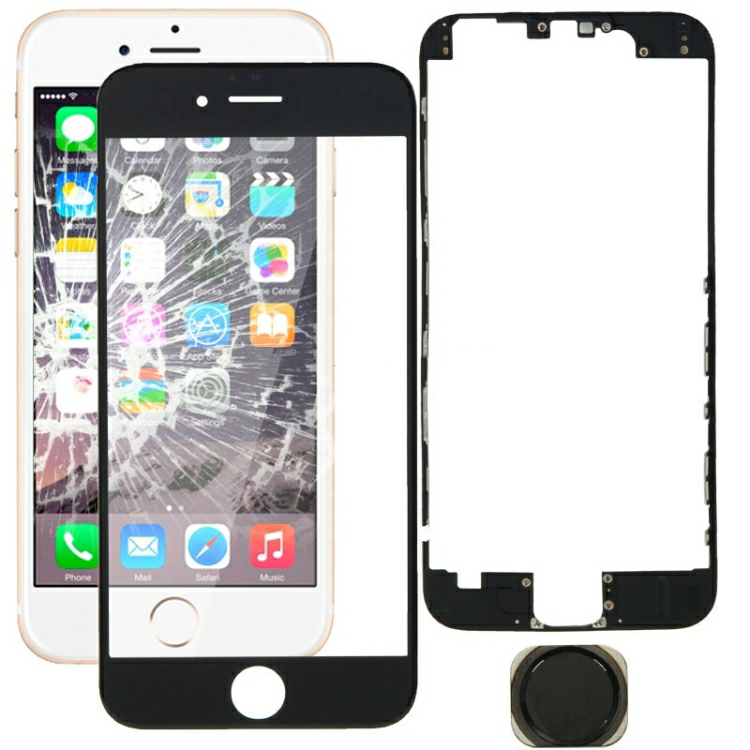 3 em 1 para iPhone 6 (Home Botão LCD Moldura lente de vidro frontal da tela frontal), não suportando identificação de impressão digital (Preto)